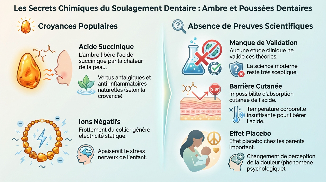 Comparaison entre les croyances sur les colliers d'ambre et la réalité scientifique concernant les poussées dentaires