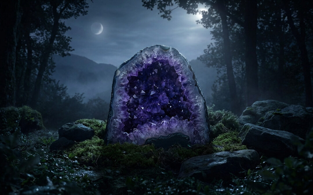 A magnificent, deep purple amethyst geode glows under a crescent moon in a tranquil, dark forest, evoking calm and spirituality.