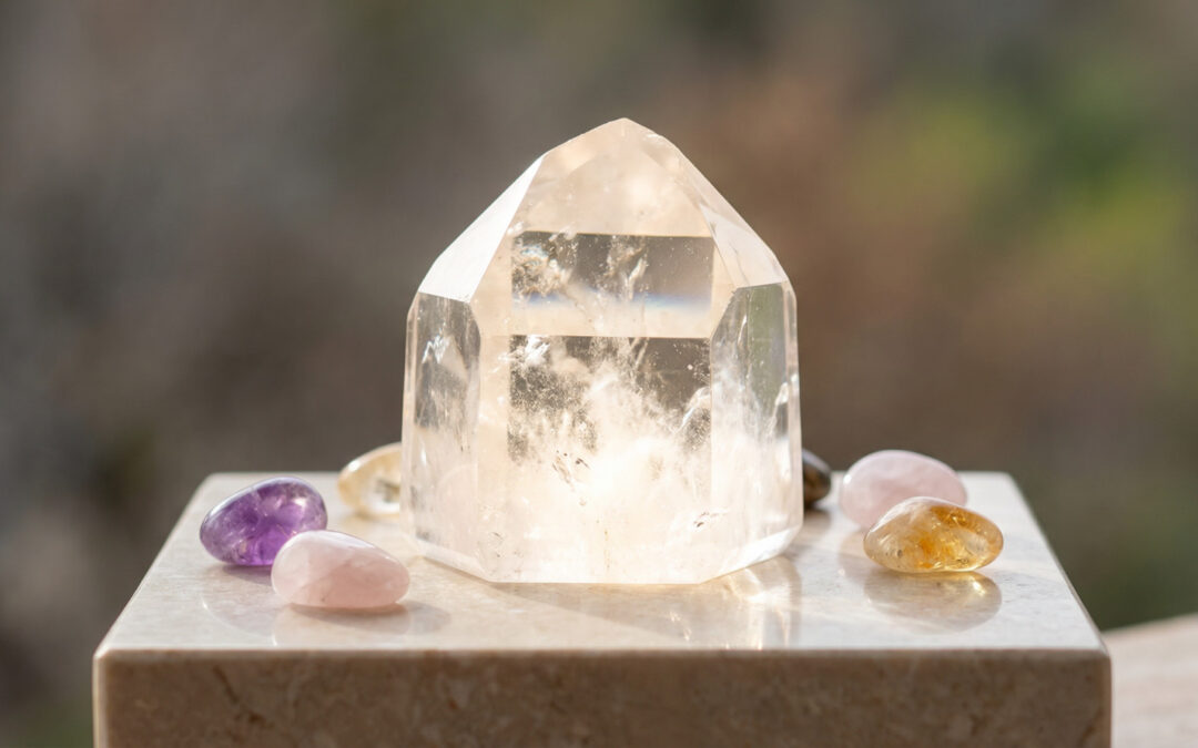 Close-up of a luminous clear rock crystal on light stone, surrounded by tumbled amethyst, rose quartz, and citrine, glowing softly.
