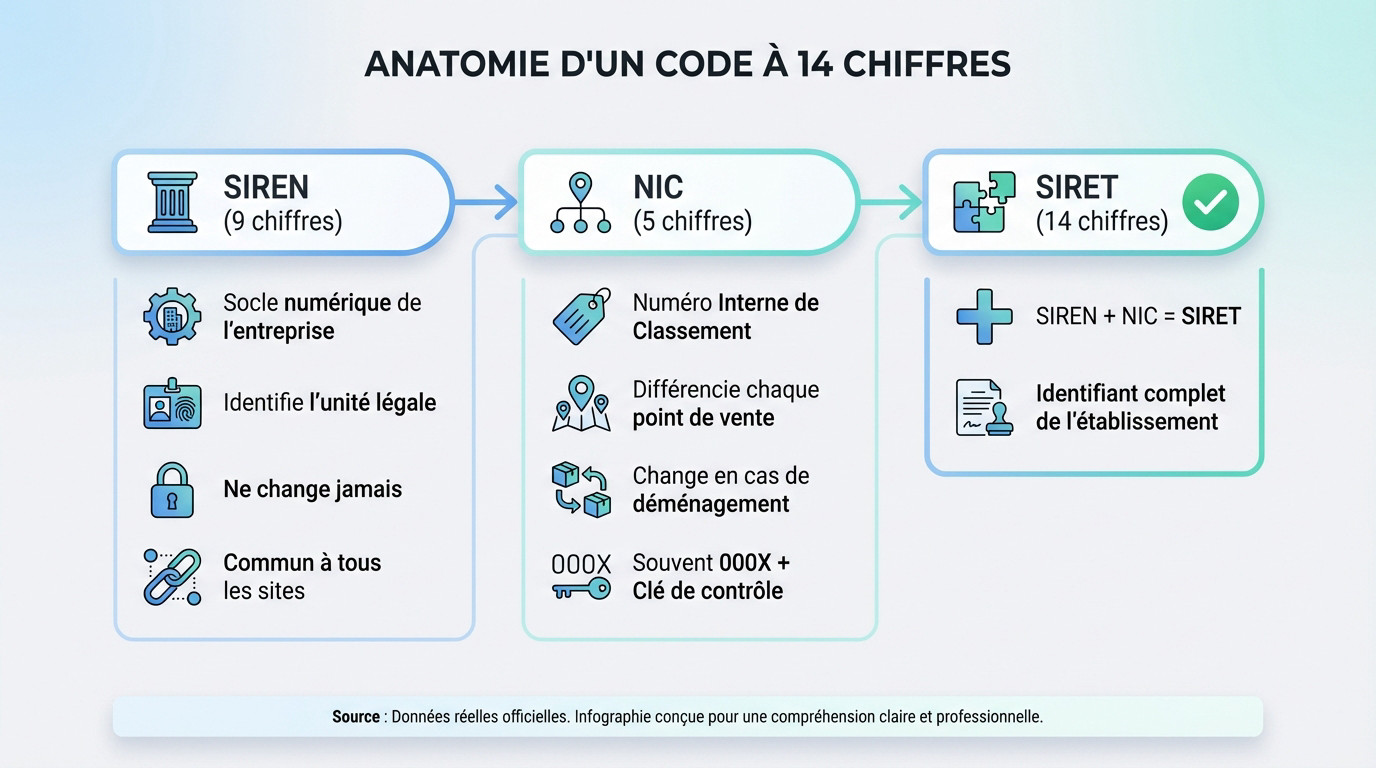 Schéma détaillant la composition du numéro SIRET avec le code SIREN et le NIC
