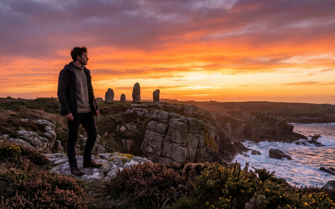 A young man on a rugged Breton coast gazes at silhouetted menhirs against a dramatic orange sunset sky. Waves crash below.