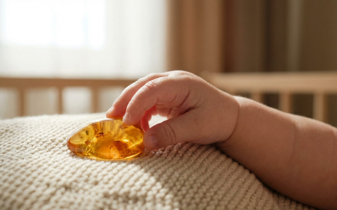 A baby's delicate hand gently touches a polished, translucent golden-orange amber stone on a soft, knitted surface, with warm, blurred background.