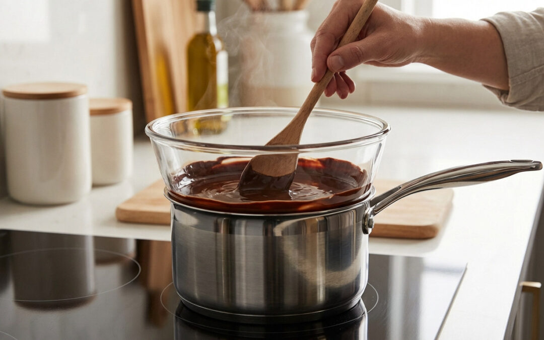 Close-up of a hand stirring rich dark chocolate melting in a glass bowl over a stainless steel bain-marie on an induction cooktop in a modern kitchen.