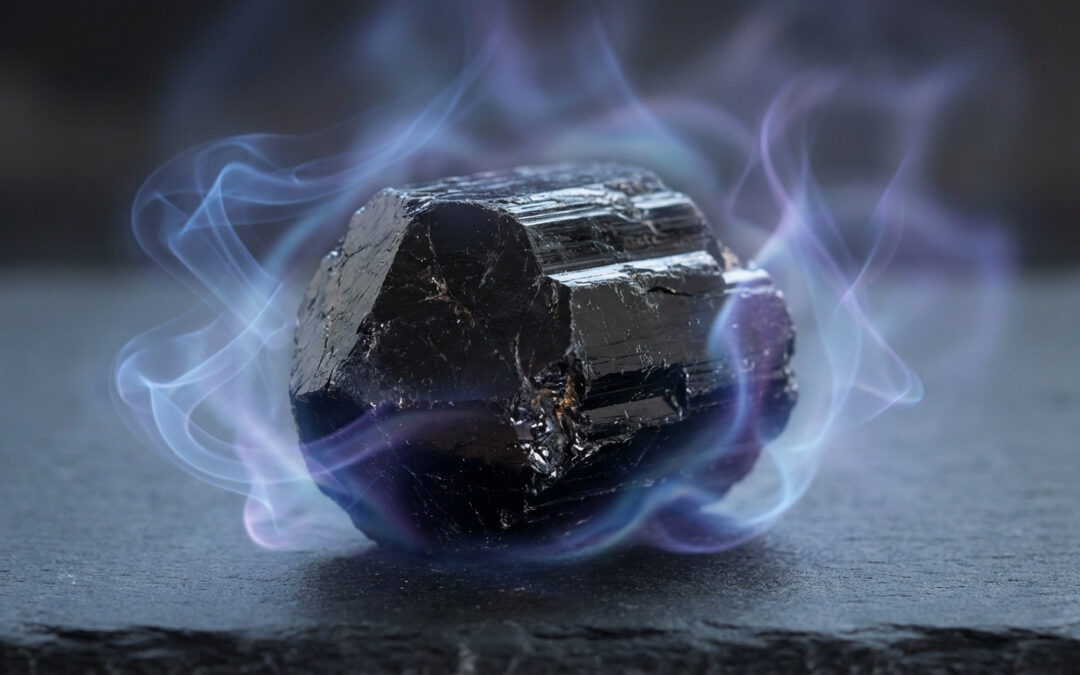 A close-up of a faceted black tourmaline crystal on a dark grey surface, surrounded by soft blue and violet glowing energy.
