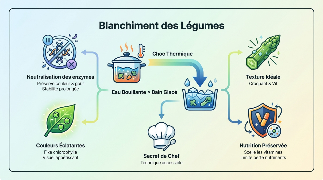 Légumes verts fraîchement blanchis conservant leur couleur éclatante grâce au choc thermique