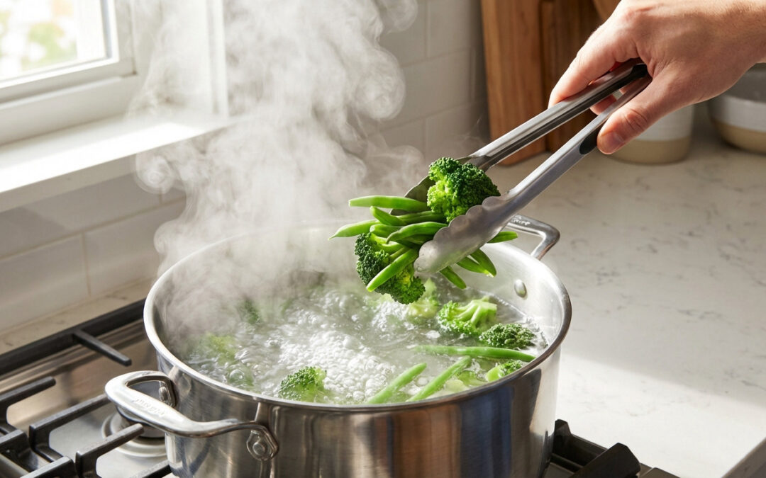 A hand uses tongs to plunge vibrant green broccoli and green beans into a stainless steel pot of boiling water, with steam rising in a modern kitchen.