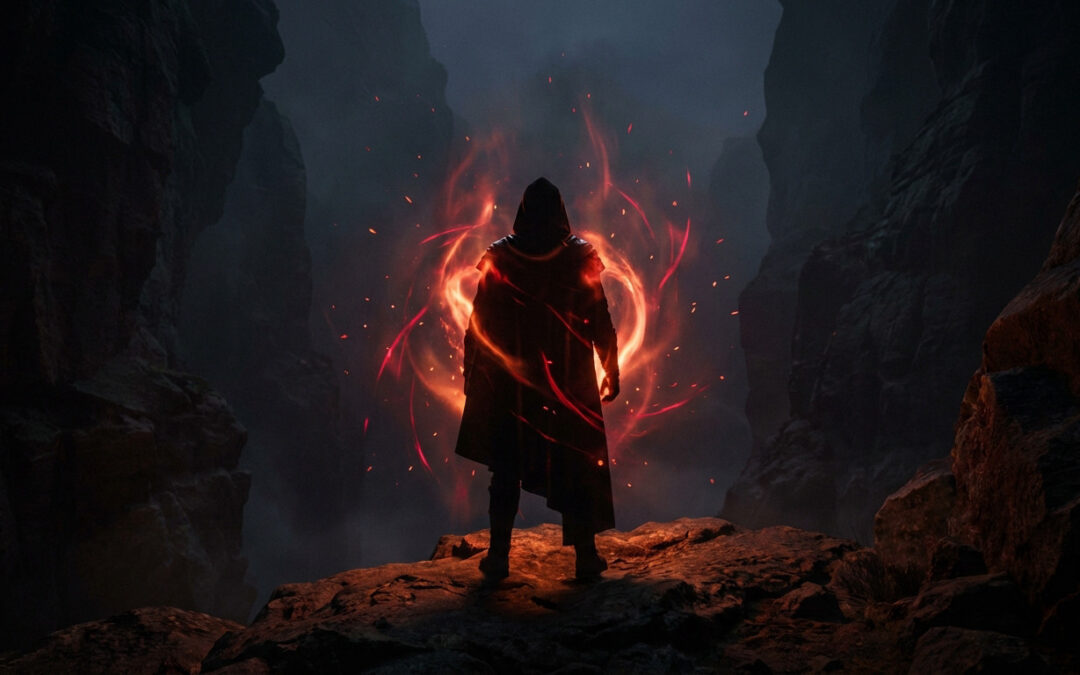 Cinematic image of a hooded figure standing with a powerful, swirling red and orange aura against a dark, rocky background.