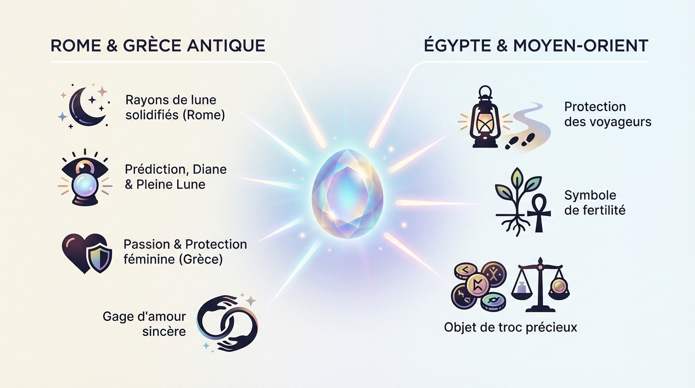 Statue antique évoquant la déesse Diane et le symbolisme de la pierre de lune dans l'histoire