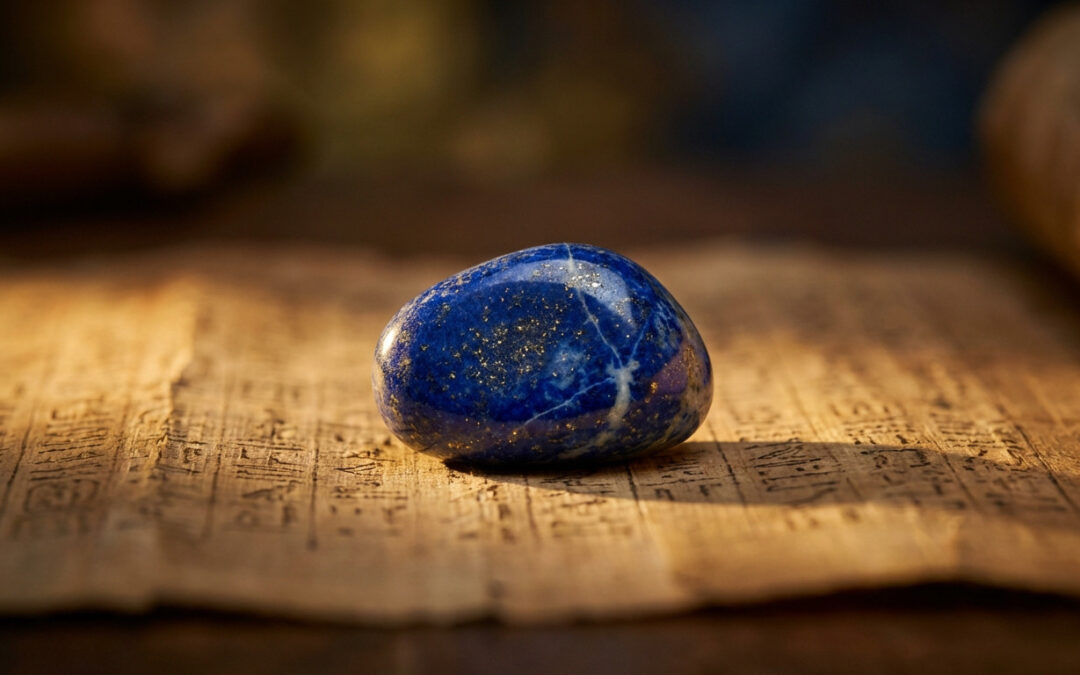 A polished, deep blue Lapis Lazuli gemstone with golden flecks and white veins rests on an ancient papyrus scroll with hieroglyphs under warm light.