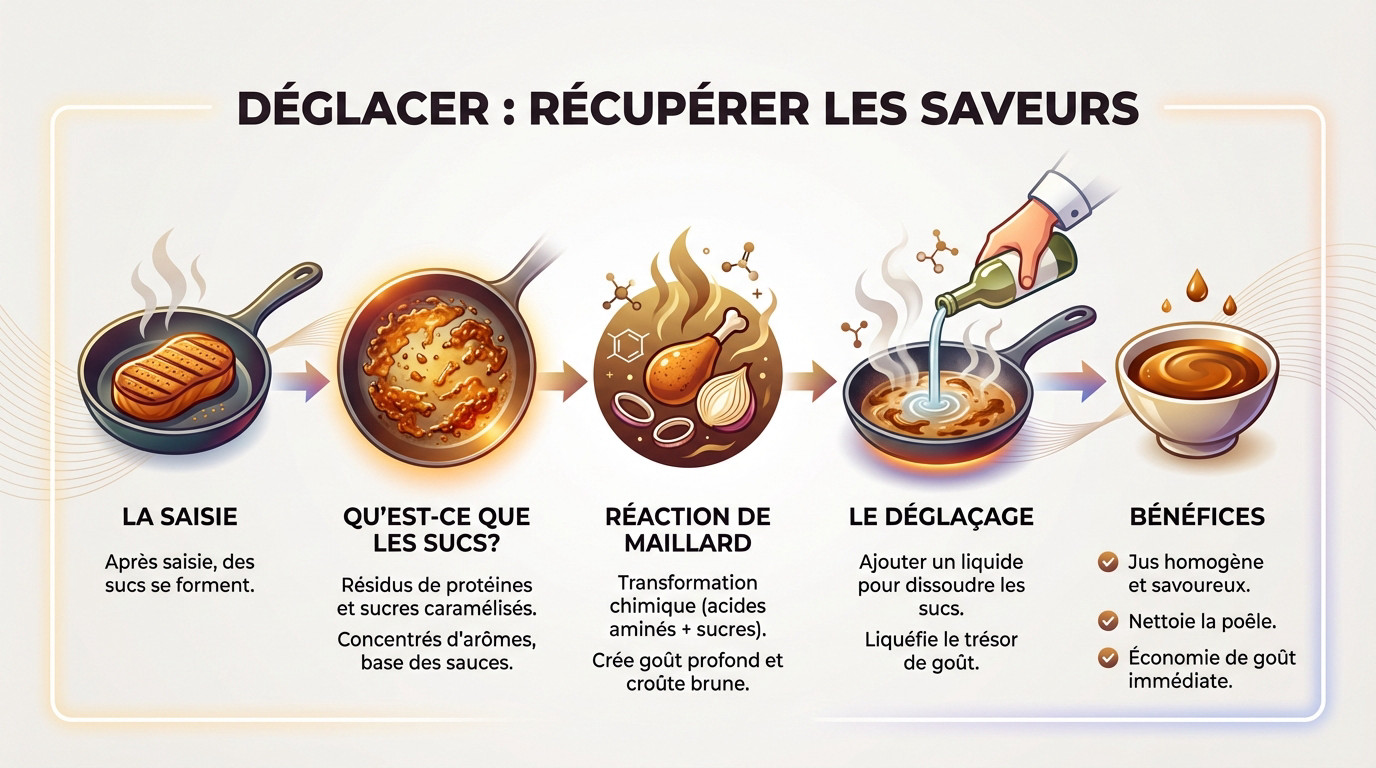 Technique de déglaçage dans une poêle en inox pour récupérer les sucs