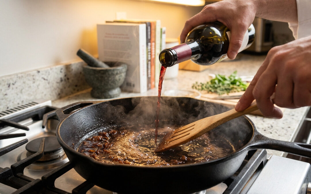 A chef's hands pour red wine into a sizzling cast-iron skillet with fond, while scraping with a wooden spatula to deglaze and create a sauce base.