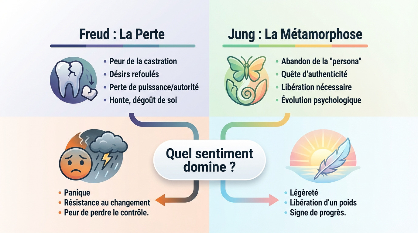 Illustration symbolique montrant la dualité entre l'angoisse de la perte selon Freud et la métamorphose positive selon Jung