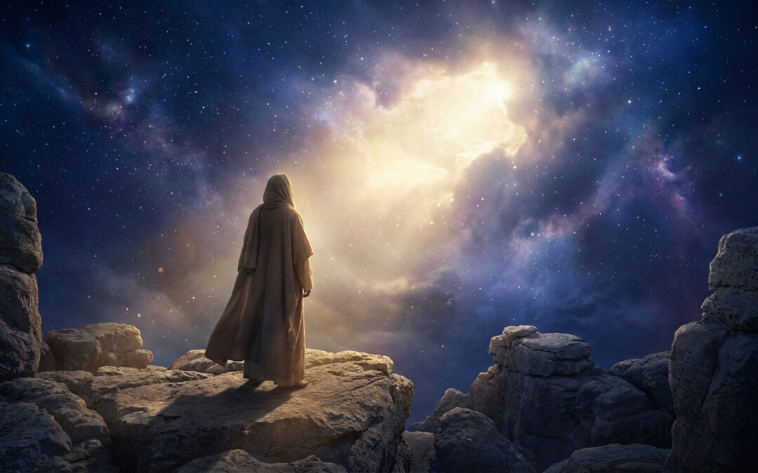 Uma figura encapuzada em uma paisagem rochosa, olhando para uma luz celestial dourada-branca em um céu estrelado azul e roxo.