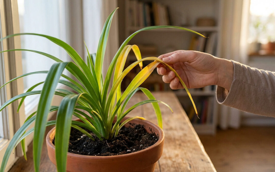A hand gently touches a yellowing leaf of a potted spider plant on a wooden windowsill, bathed in soft natural light from a window.