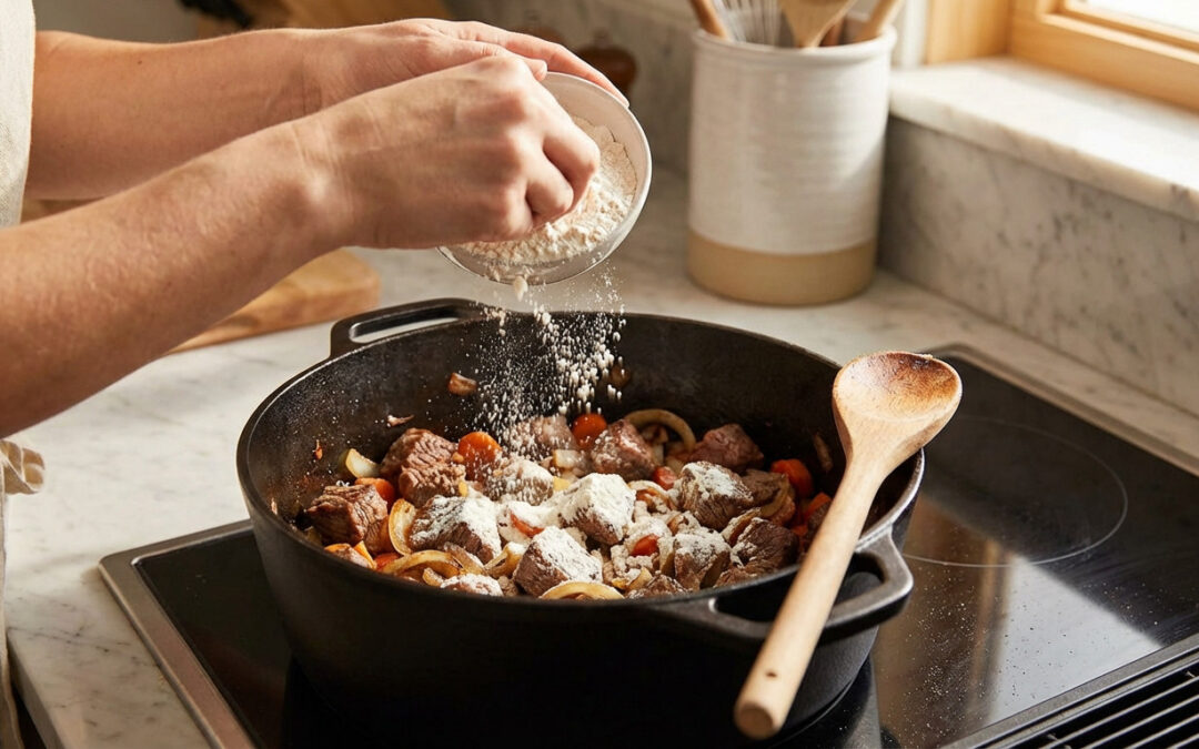 Hands dust flour over browned beef, onions, and carrots sizzling in a cast iron pot on a stovetop in a modern kitchen.