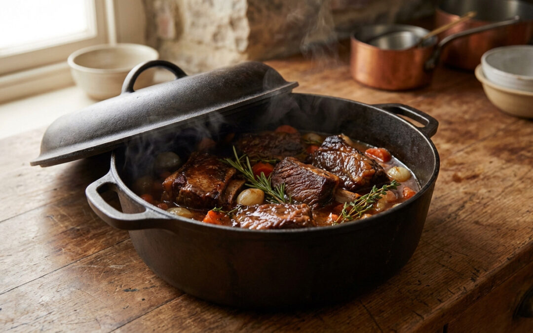 A close-up of a cast iron Dutch oven with its lid ajar, revealing steaming, slow-braised beef short ribs with carrots, onions, and herbs on a rustic wooden counter.