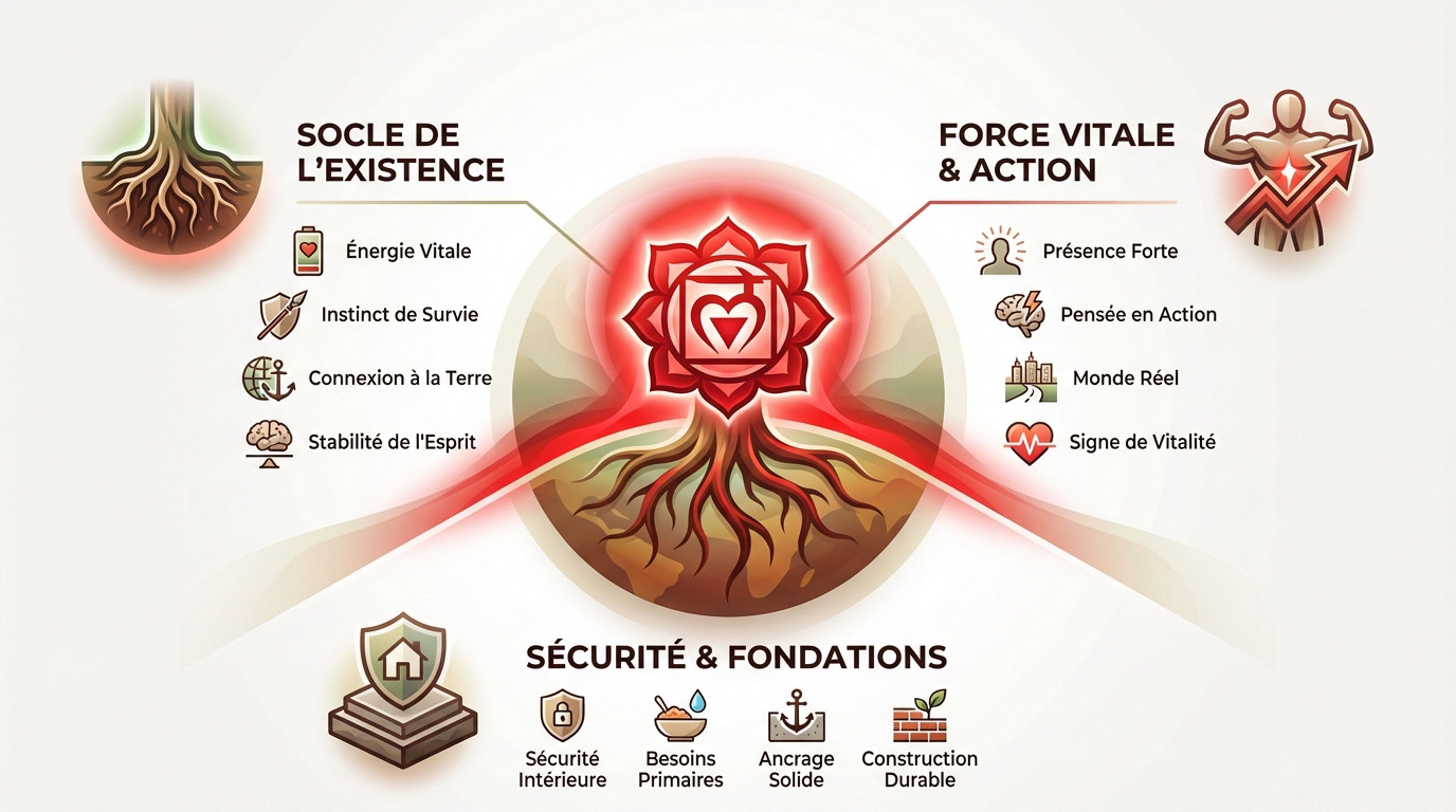 Infographie illustrant le lien entre l'aura rouge et le chakra racine Muladhara