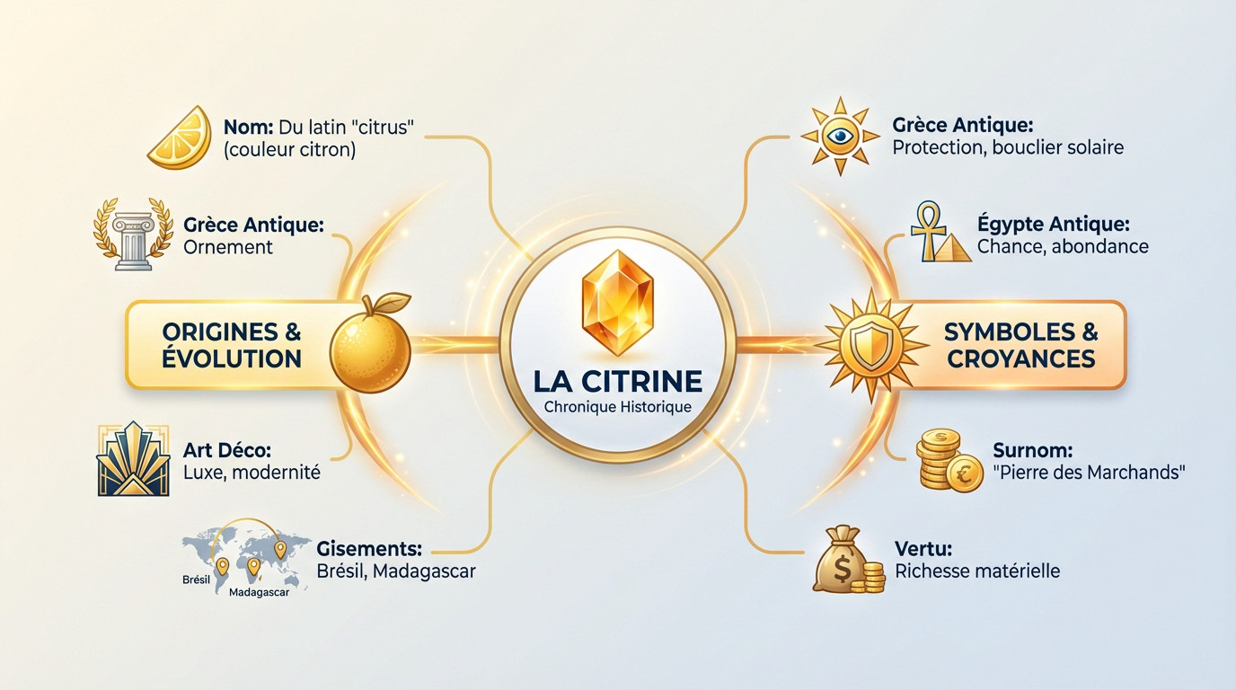 Infographie retraçant l'histoire de la citrine, de l'antiquité à l'Art déco