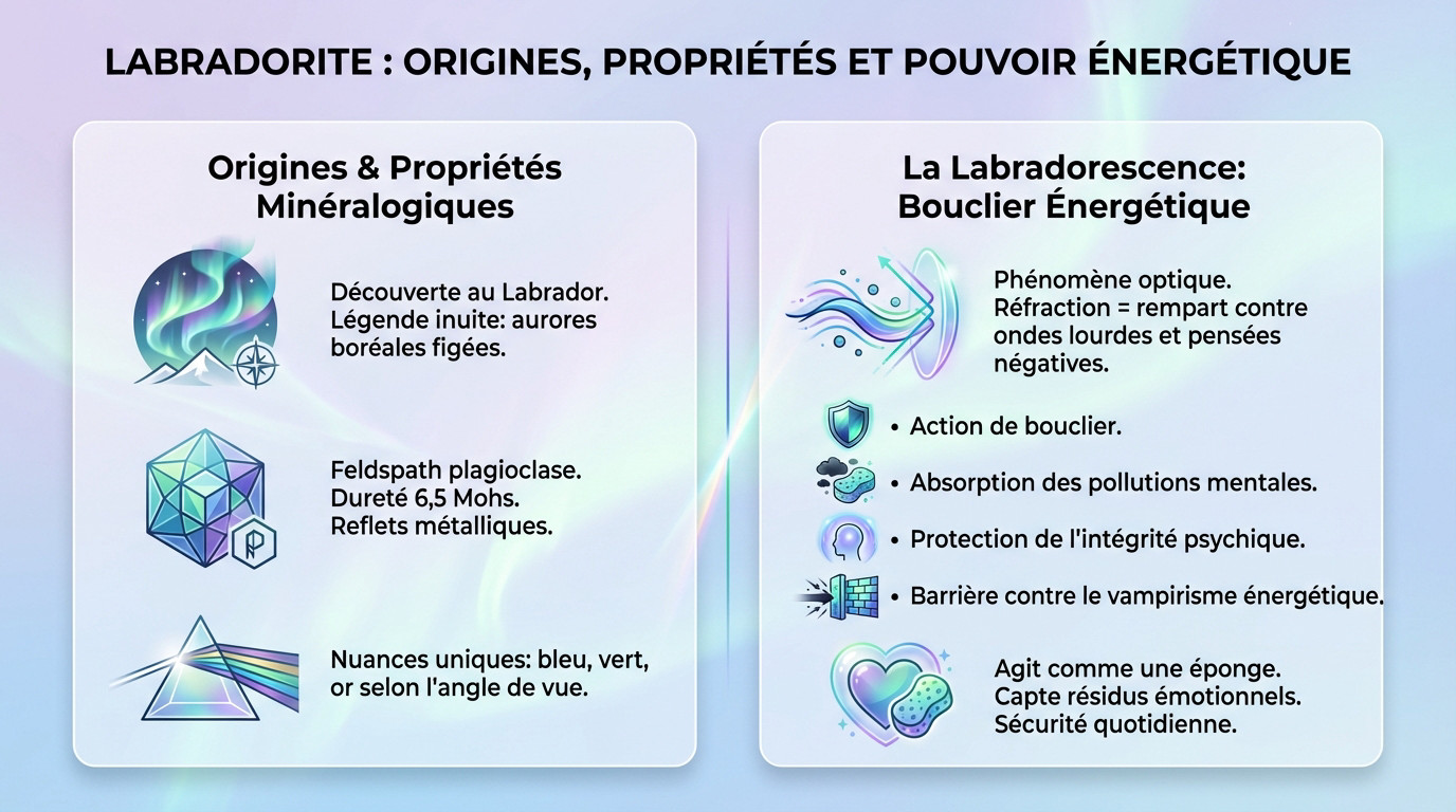Infographie détaillant les origines canadiennes et les propriétés de bouclier de la labradorite