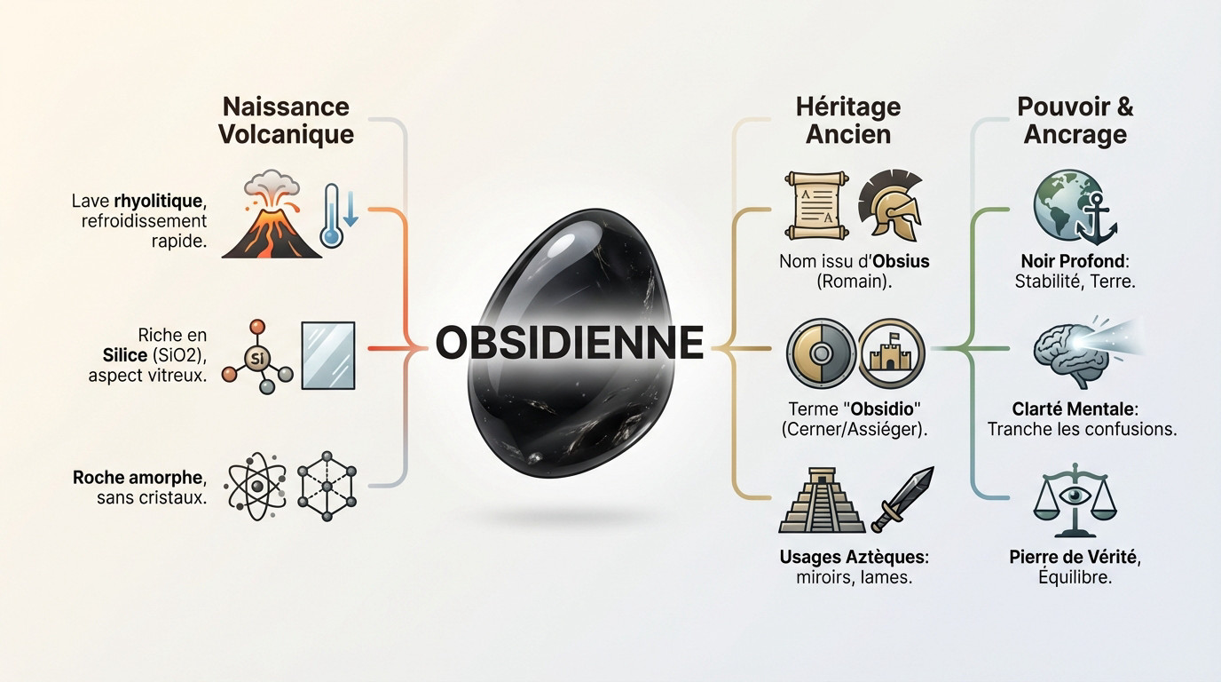 Infographie détaillant la genèse géologique, l'histoire aztèque et le symbolisme de la pierre obsidienne