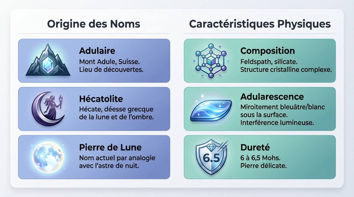 Infographie détaillant l'origine et les caractéristiques minéralogiques de la pierre de lune