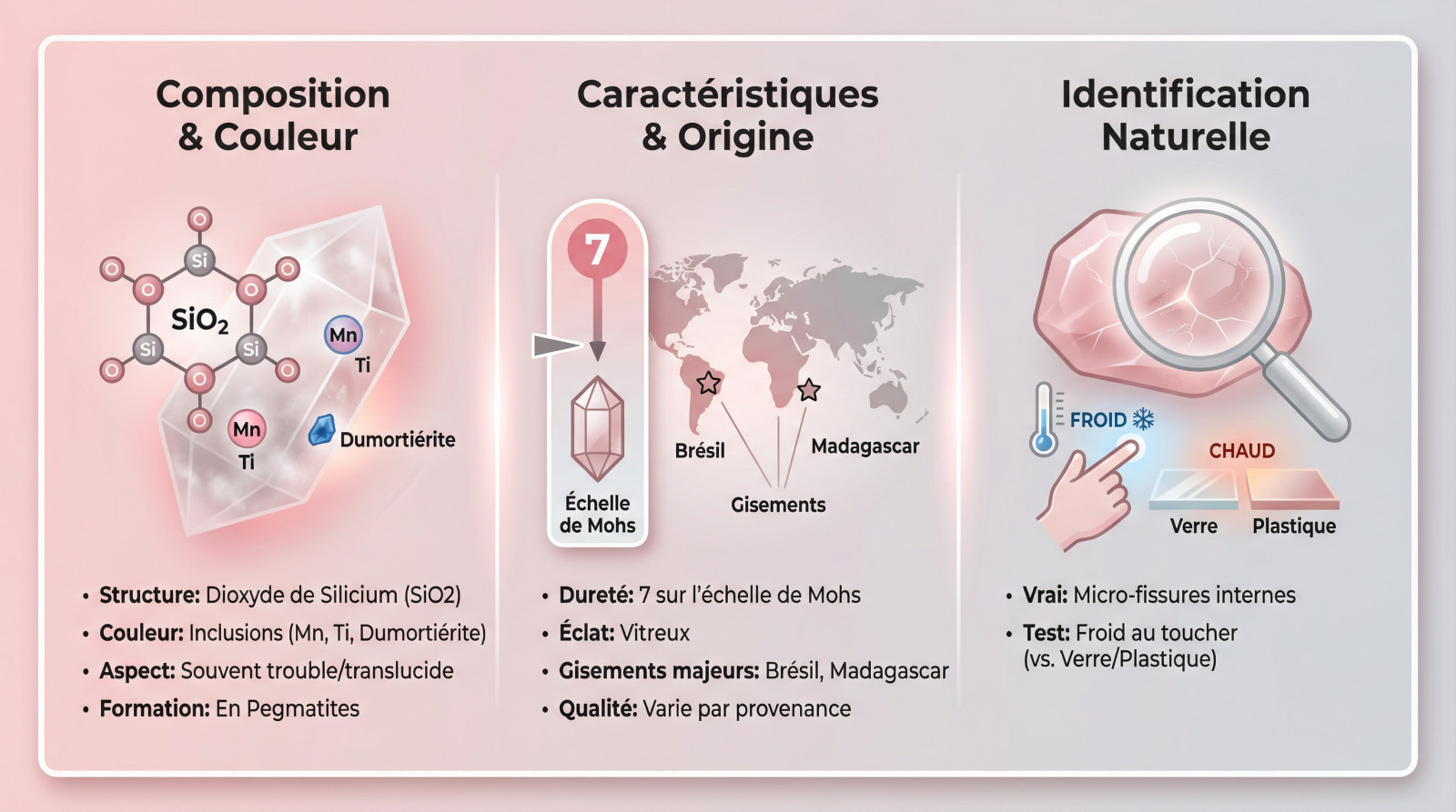 Infographie détaillée sur les propriétés et la signification du quartz rose
