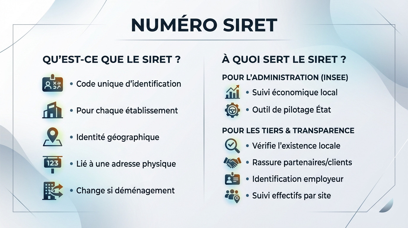 Infographie expliquant la composition et l'utilité du numéro SIRET pour les entreprises