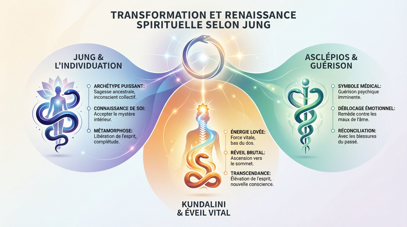 Infographie illustrant la vision jungienne du serpent comme symbole de transformation spirituelle et de renaissance