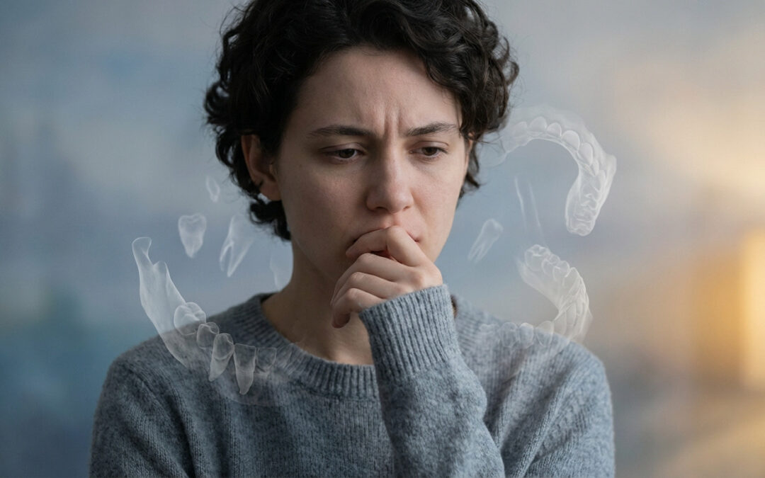 Pensive figure, hand to mouth, surrounded by floating translucent dental forms, against a soft, blurred background.