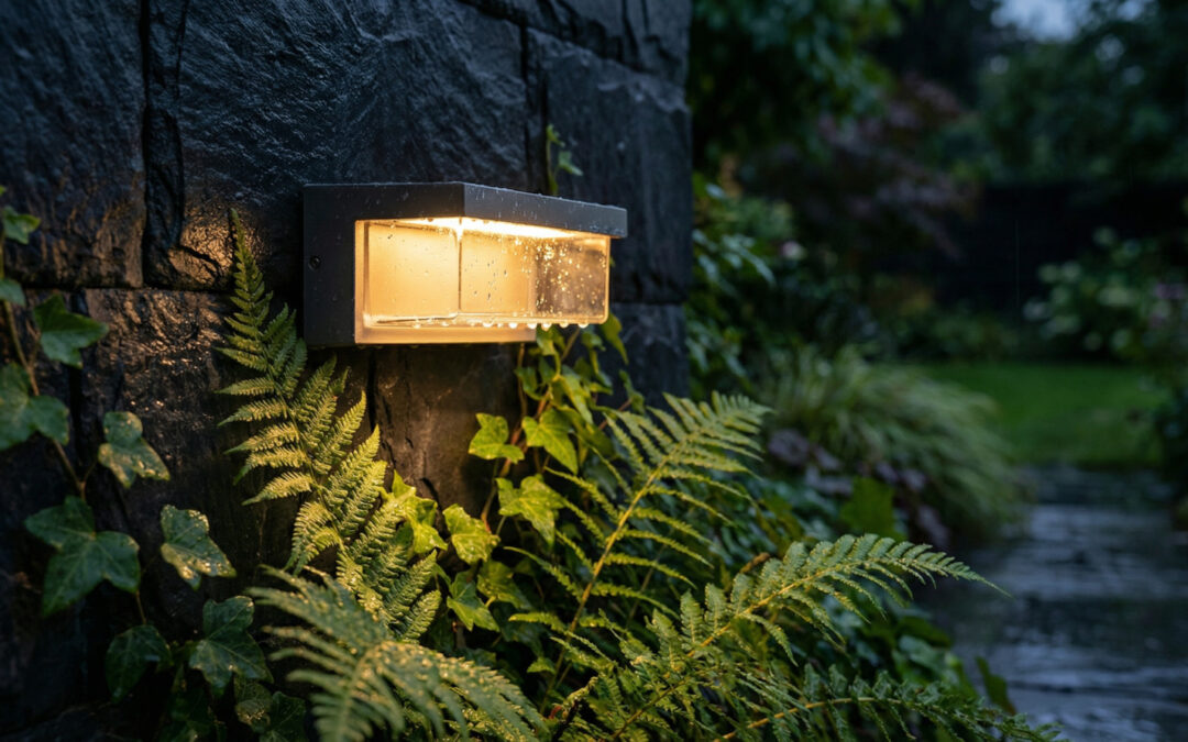 Warmly lit modern outdoor wall light on a textured dark stone wall, surrounded by wet green foliage, emphasizing IP44 water resistance.