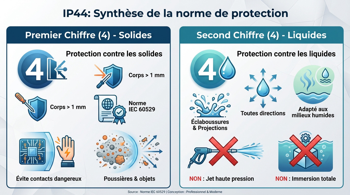 Schéma de synthèse expliquant la norme de protection IP44