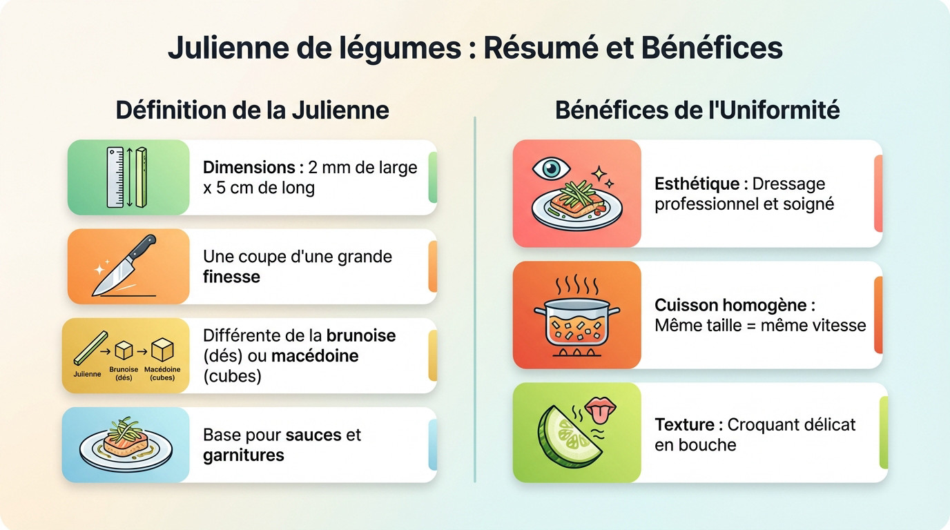 Schéma technique montrant la découpe en julienne et ses avantages pour la cuisson
