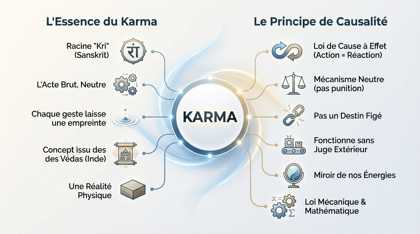 Illustration symbolique du karma montrant l'équilibre entre les actions et leurs conséquences à travers les vies