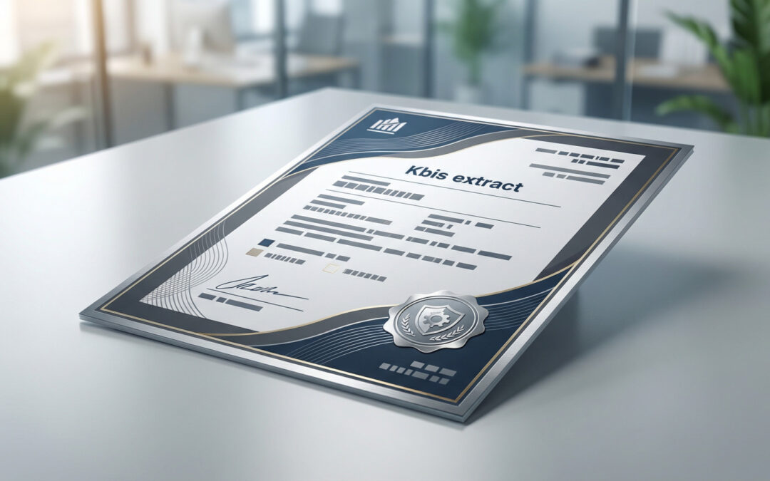 A modern, official Kbis extract document with a silver seal and blue/grey design on a light grey desk in a blurred office.