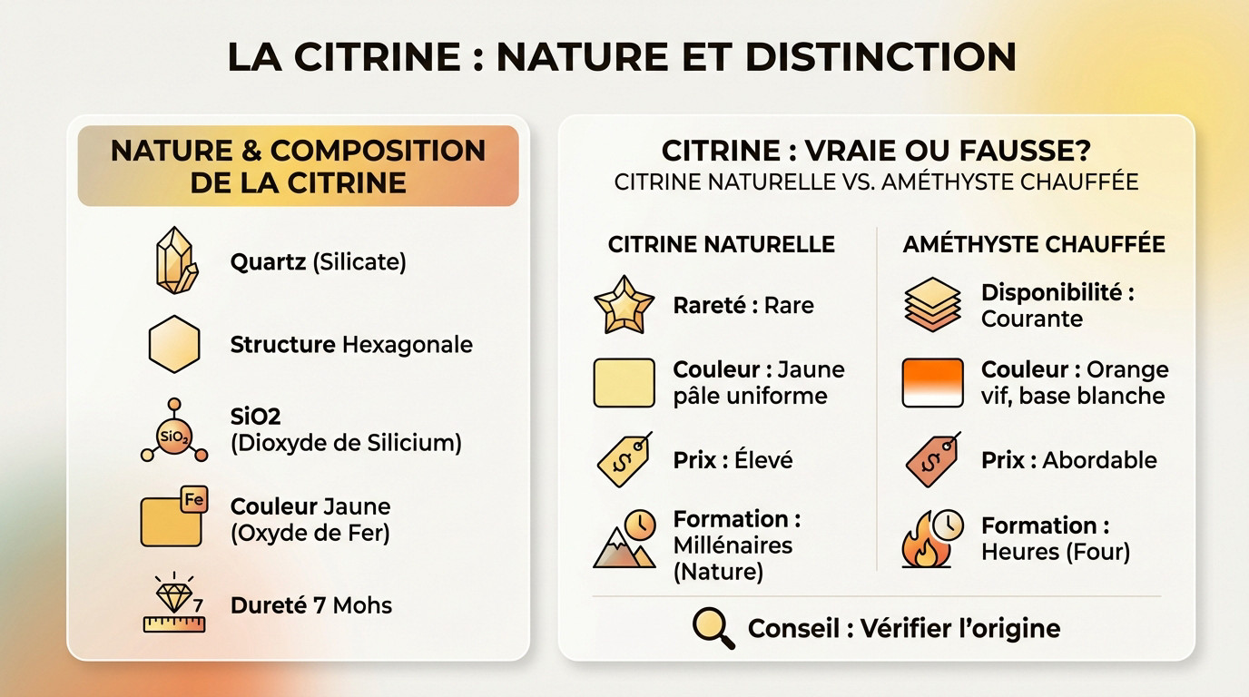 Comparaison visuelle entre une citrine naturelle jaune pâle et une améthyste chauffée orange vif
