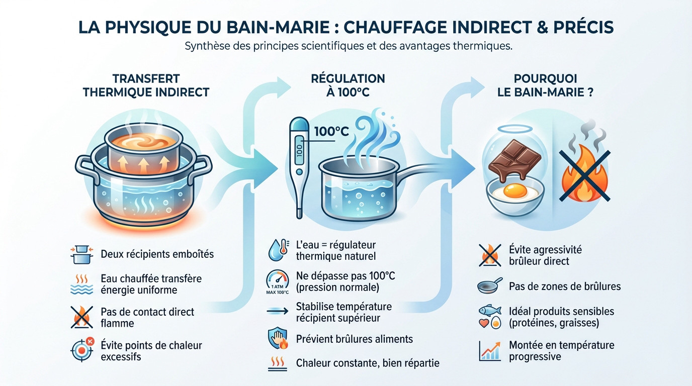 Schéma explicatif du transfert thermique par conduction et convection dans un bain-marie de laboratoire