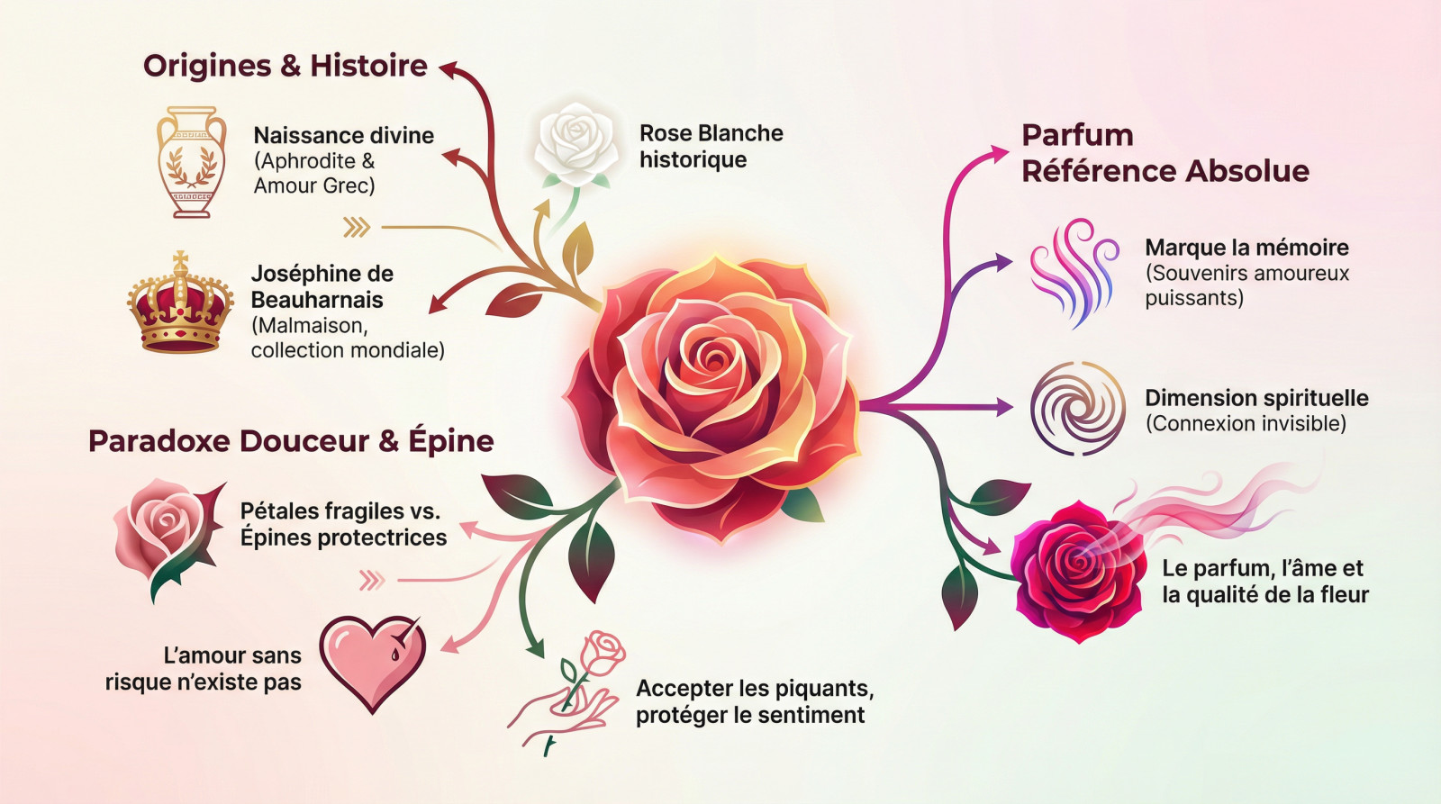 Infographie détaillant les origines mythologiques et le symbolisme de la rose à travers l'histoire