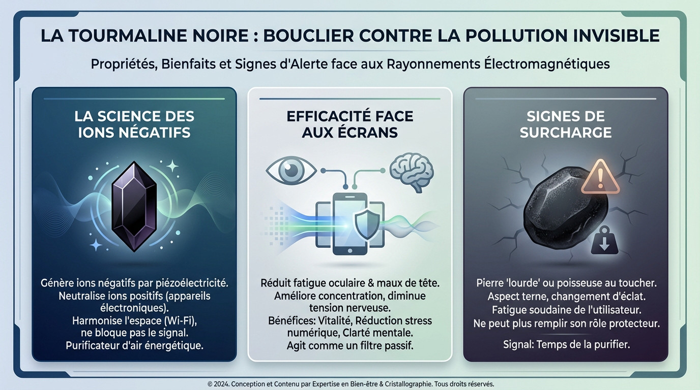 Tourmaline noire brute ou Schorl agissant comme <strong>bouclier contre les ondes électromagnétiques</strong>« ></p>
<p>Après avoir cerné l&rsquo;identité du Schorl, voyons comment ce <strong>silicate interagit concrètement avec notre environnement technologique</strong>.</p>
<h3>La science des ions négatifs face au brouillard électromagnétique</h3>
<p>La piézoélectricité de cette pierre est un phénomène physique avéré. Elle génère des ions négatifs sous pression ou chaleur pour neutraliser les ions positifs de vos appareils. C&rsquo;est un processus naturel qui explique que signifie tourmaline noire : bouclier contre les ondes électromagnétiques.</p>
<p>La pierre ne bloque pas le signal Wi-Fi de votre box internet. Elle <strong>harmonise plutôt l&rsquo;espace autour de la source émettrice</strong> pour le rendre supportable.</p>
<p>C&rsquo;est un purificateur d&rsquo;air énergétique très efficace. Elle <strong>nettoie littéralement l&rsquo;ambiance lourde</strong> de la pièce.</p>
<h3>Efficacité réelle contre les smartphones et les ordinateurs</h3>
<p>Elle limite souvent la fatigue oculaire et les maux de tête persistants. Les utilisateurs notent une <strong>meilleure concentration devant l&rsquo;écran</strong>. La tension nerveuse semble diminuer sensiblement au fil des heures.</p>
<p>Voici les <strong>gains concrets observés</strong> :</p>
<ul>
<li><strong>Bénéfices sur la vitalité</strong></li>
<li><strong>Réduction du stress numérique</strong></li>
<li><strong>Amélioration de la clarté mentale</strong></li>
</ul>
<p>Elle agit simplement comme un filtre passif. <strong>Votre corps vous remerciera sur le long terme</strong>.</p>
<h3>Les signes d&rsquo;une surcharge énergétique de la pierre</h3>
<p>Si la pierre devient lourde ou poisseuse au toucher, méfiez-vous. C&rsquo;est le signe qu&rsquo;elle a trop <strong>absorbé de négativité ambiante</strong>. Elle peut même changer légèrement d&rsquo;éclat ou paraître terne.</p>
<p>Vous ressentez une fatigue soudaine et inexpliquée ? Si vous êtes épuisé sans raison, votre *pierre est peut-être saturée*. Elle ne peut plus remplir son rôle protecteur correctement.</p>
<p>Il est alors temps de <strong>s&rsquo;en occuper rapidement</strong>. Ne négligez jamais ce signal d&rsquo;alerte sérieux.</p>
<h2 id=