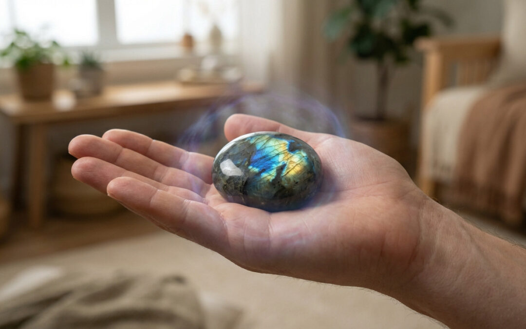 A hand cradles a polished labradorite stone, displaying vibrant blue, green, and gold iridescence, with a subtle protective aura, in a soft, blurred indoor setting.