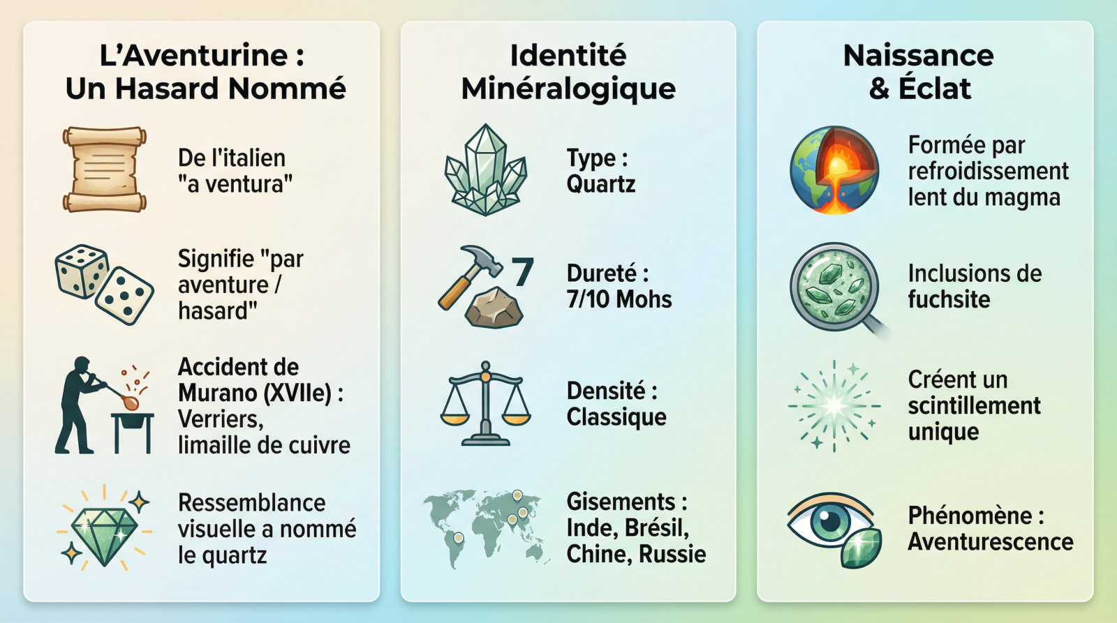 Aventurine verte brute et polie montrant son scintillement caractéristique ou aventurescence