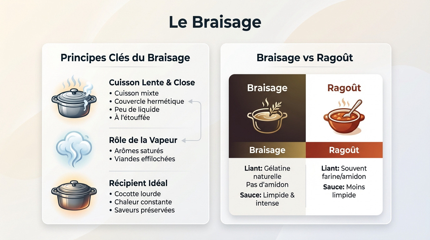 Schéma comparatif entre la technique du braisage et celle du ragoût en cuisine