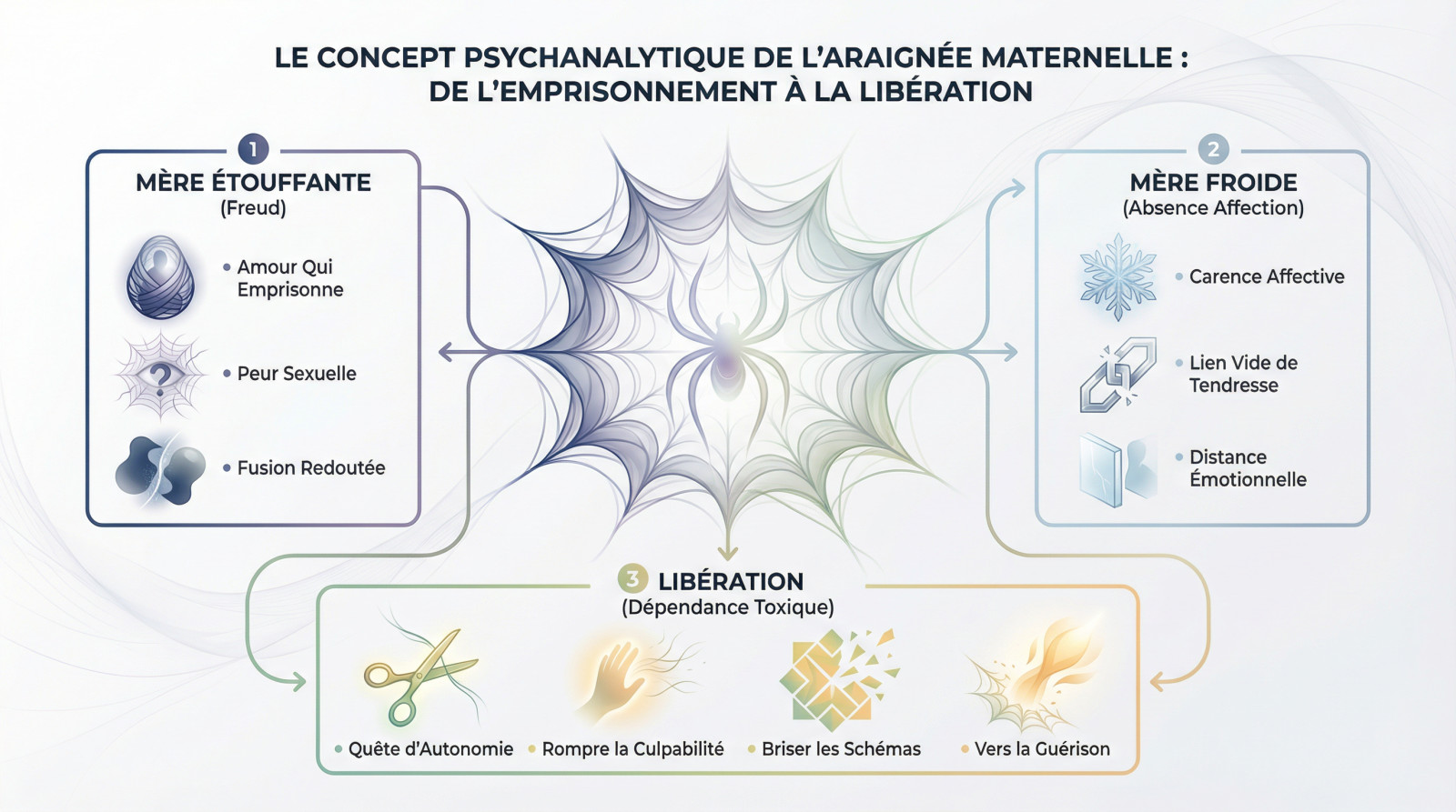 Représentation onirique de l'araignée symbolisant l'emprise maternelle et la <strong>libération</strong> psychologique »></p>
<p>Vous vous demandez sans doute que signifie rêver d&rsquo;araignée : sentiment de piège ou créativité féminine ? C&rsquo;est une interrogation classique pour qui s&rsquo;intéresse un peu à la psyché humaine. Si l&rsquo;animal intrigue les biologistes, il inquiète les rêveurs. Ici, nous quittons la simple symbolique générale pour toucher à l&rsquo;<strong>intimité psychologique et aux racines familiales</strong> de ce symbole puissant.</p>
<h3>La mère étouffante vue par le prisme de Freud</h3>
<p>Freud ne prenait pas de gants avec ce symbole. Pour lui, l&rsquo;arachnide incarne la mère dévorante, celle qui empêche l&rsquo;enfant de grandir en le maintenant dans un cocon trop serré. L&rsquo;araignée devient alors <strong>l&rsquo;image brute d&rsquo;un amour qui emprisonne</strong> au lieu de libérer.</p>
<p>C&rsquo;est aussi une affaire de curiosité sexuelle mal placée. Le père de la psychanalyse voyait dans l&rsquo;insecte une <strong>représentation directe des peurs enfantines</strong> liées à la découverte de l&rsquo;intimité des parents.</p>
<p>Il y a aussi cette peur viscérale de l&rsquo;acte sexuel. L&rsquo;araignée symbolise parfois une appréhension de la fusion charnelle. Le rêve exprime, au fond, un <strong>besoin urgent de distance protectrice</strong>.</p>
<h3>L&rsquo;absence d&rsquo;affection et la figure de la mère froide</h3>
<p>Analysons maintenant le manque de chaleur. L&rsquo;araignée est un animal à sang froid, distant et calculateur. Elle reflète parfois une <strong>carence affective précoce</strong>, une mère présente mais glaciale.</p>
<p>On ressent alors la sensation d&rsquo;un lien sans amour. On se sent pris dans une structure familiale rigide mais vide de tendresse. C&rsquo;est une véritable <strong>prison de soie glacée</strong>.</p>
<p>L&rsquo;aspect repoussant de l&rsquo;insecte souligne l&rsquo;<strong>incapacité à établir un contact chaleureux</strong>. Le rêveur cherche, consciemment ou non, une issue à cette froideur originelle qui le structure.</p>
<h3>S&rsquo;extraire des fils d&rsquo;une dépendance affective toxique</h3>
<p>Voyez ce rêve comme une lecture vers l&rsquo;autonomie. Ce n&rsquo;est pas une fatalité mais un constat lucide. Il est temps de <strong>couper les fils qui vous retiennent</strong> aujourd&rsquo;hui.</p>
<p>L&rsquo;entourage utilise souvent des liens invisibles pour vous garder sous contrôle. <strong>Soyez vigilant face à cette culpabilité</strong>.</p>
<p>Brisez les schémas relationnels archaïques. Votre <strong>liberté se trouve au-delà de la toile</strong>.</p>
<p>Reconnaître l&rsquo;araignée maternelle est le premier pas vers la libération. Une fois identifiée, vous pouvez enfin respirer hors du filet. La guérison débute ici.</p>
<h2 id=