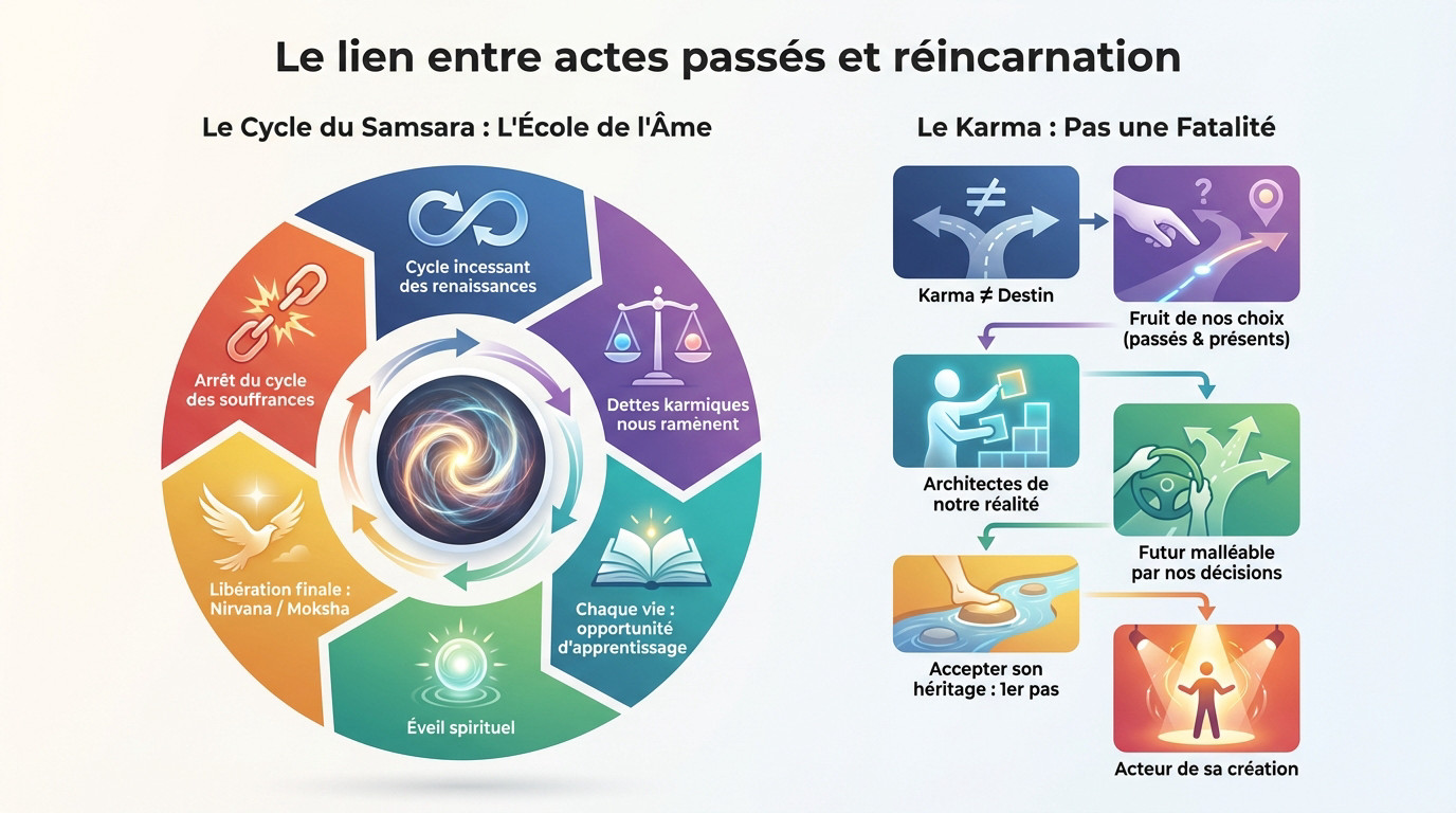 Illustration symbolique du lien entre les actes passés et le cycle de réincarnation