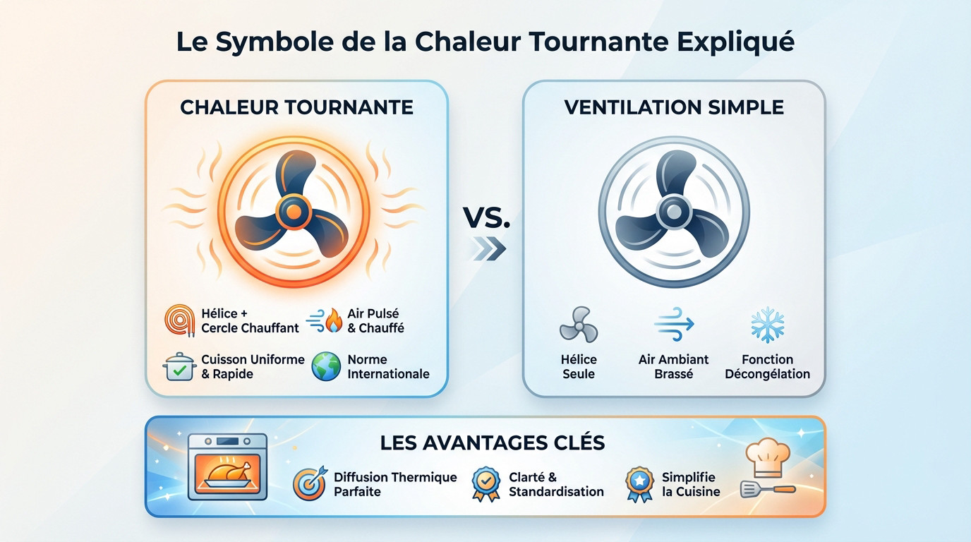 Schéma explicatif du symbole chaleur tournante avec ventilateur cerclé
