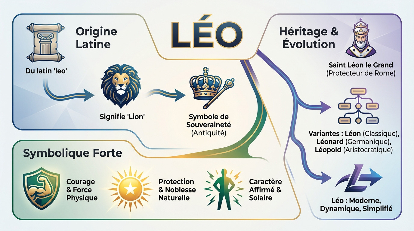 Illustration symbolique du prénom Léo représentant la force et l'origine latine du lion