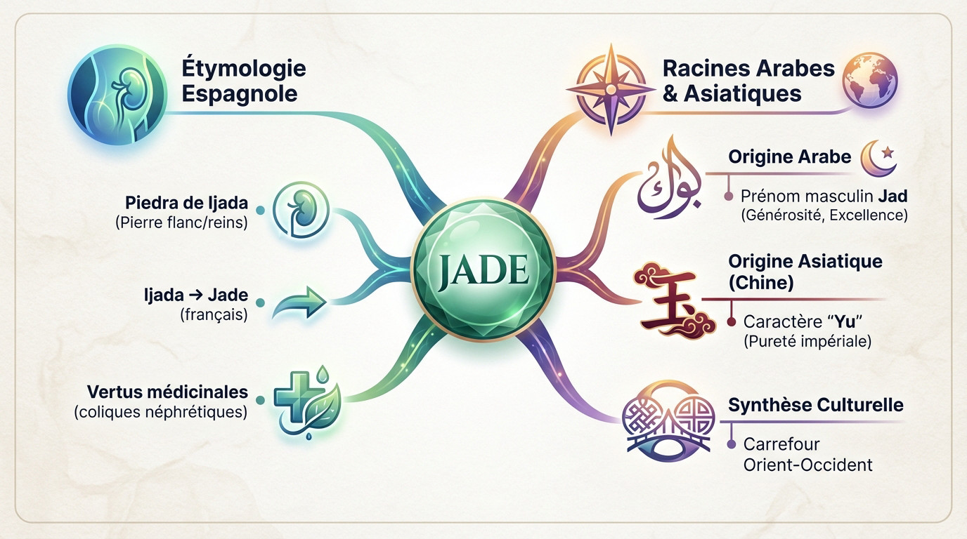 Illustration des origines étymologiques et culturelles du prénom et de la pierre de Jade