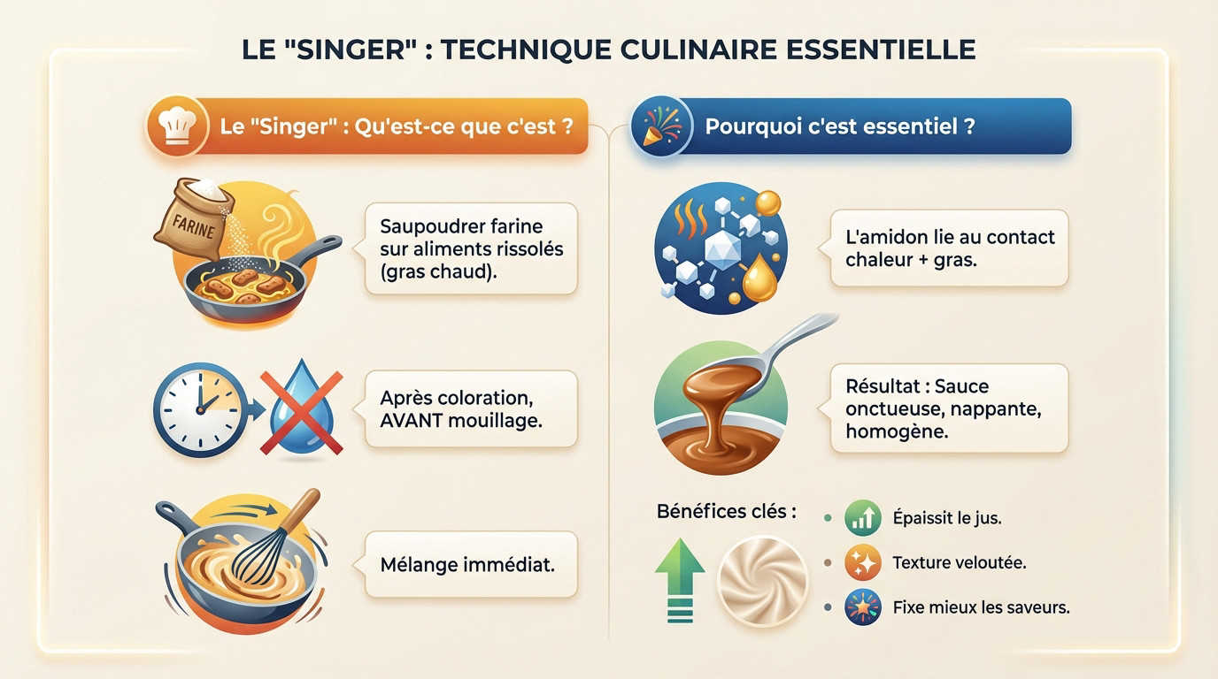 Infographie expliquant la technique de singer en cuisine : saupoudrer de farine avant le liquide