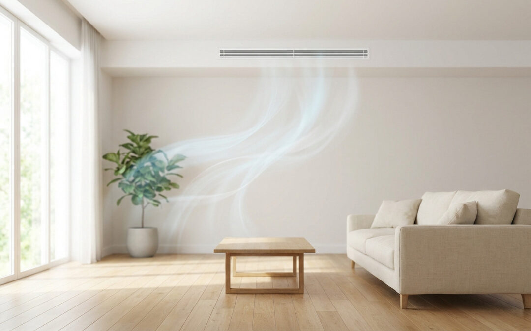 Photorealistic minimalist living room with natural light, wood floor, and sofa. Blue wisps show fresh air from a ceiling vent, symbolizing healthy indoor ventilation.