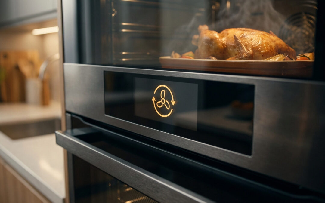 Close-up of a modern oven's control panel displaying an illuminated fan symbol. A golden-brown roasted chicken steams inside.