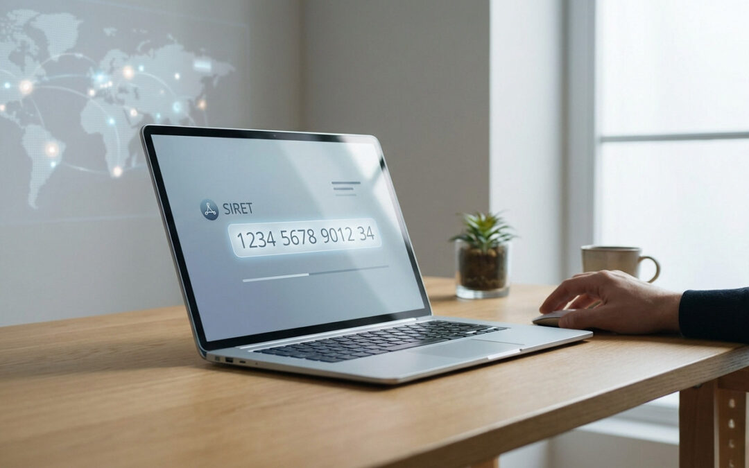 Laptop on a light desk displays a glowing 14-digit SIRET number. A hand rests on the mouse. Blurred world map in background, hinting at global identification.
